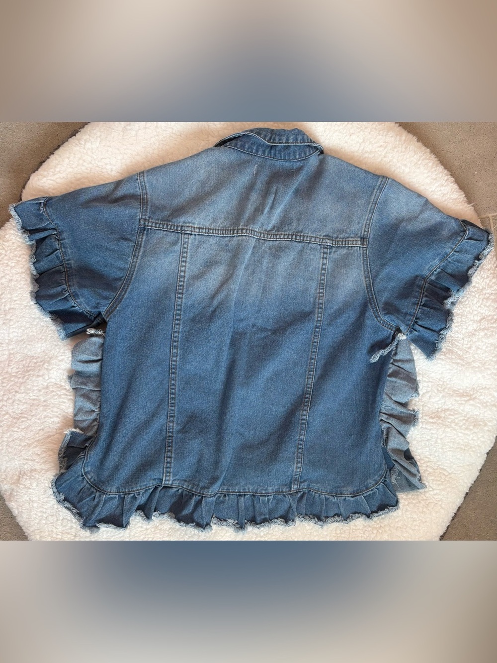 Three Bird Nest Scottie Ruffle Denim Jacket S/M Cropped Boho Jean Jacket - Picture 10 of 12